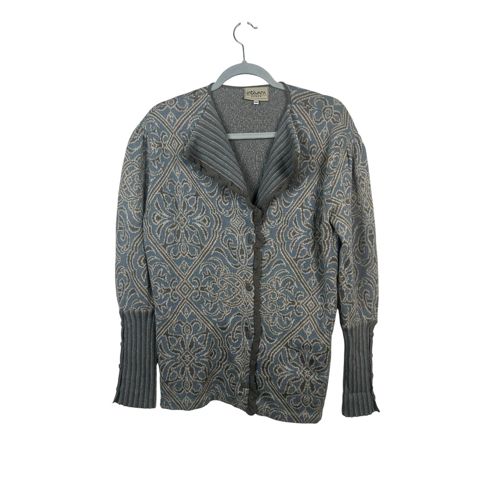 Intiwara Alpaca Cardigan Women XL Blue Brown Damask Ruffle Boho Good